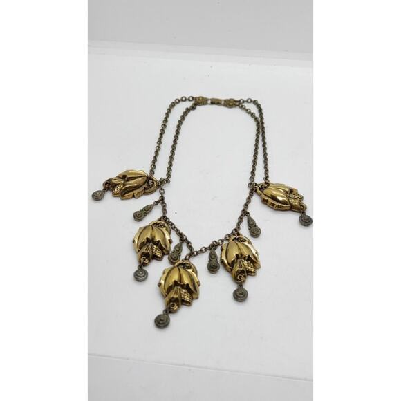 Vintage Art Nouveau Brass Etruscan Revival Festoon Necklace Leaves 1920s - Picture 3 of 9